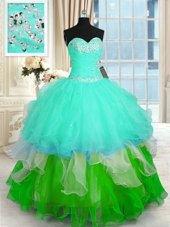 Free and Easy Floor Length Lace Up Sweet 16 Quinceanera Dress Multi-color and In for Military Ball and Sweet 16 and Quinceanera with Beading and Ruffled Layers