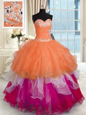New Style Sleeveless Organza Floor Length Lace Up Ball Gown Prom Dress in Multi-color for with Beading and Ruffled Layers
