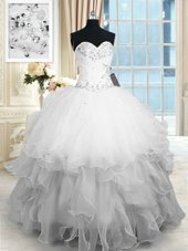 Best Selling White Organza Lace Up Quinceanera Gowns Sleeveless Floor Length Beading and Ruffles