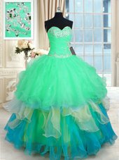 Multi-color Lace Up Quinceanera Dress Beading and Appliques and Ruffles Sleeveless Floor Length