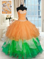 Hot Selling Multi-color Ball Gowns Organza Sweetheart Sleeveless Beading and Ruffles Floor Length Lace Up Quinceanera Dress