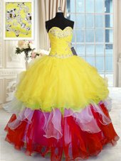 Sleeveless Organza Floor Length Lace Up Sweet 16 Dress in Multi-color for with Beading and Ruffles