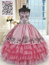 Low Price Rose Pink Lace Up 15 Quinceanera Dress Beading and Embroidery and Ruffled Layers Sleeveless Floor Length