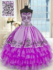 Great Purple Organza and Taffeta Lace Up Sweetheart Sleeveless Floor Length Quinceanera Gown Beading and Embroidery and Ruffled Layers