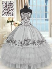 Superior Grey Organza and Taffeta Lace Up Halter Top Sleeveless Floor Length Sweet 16 Quinceanera Dress Beading and Embroidery and Ruffled Layers