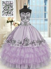 Decent Lavender Organza Lace Up Quinceanera Dress Sleeveless Floor Length Beading and Embroidery and Ruffled Layers