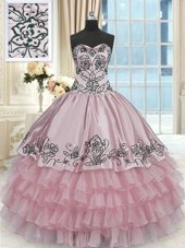 Deluxe Ruffled Pink Sleeveless Organza and Taffeta Lace Up Ball Gown Prom Dress for Military Ball and Sweet 16 and Quinceanera