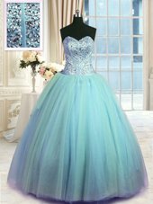 Graceful Sweetheart Sleeveless Sweet 16 Dresses Floor Length Beading and Ruching Light Blue Organza