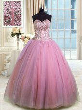 On Sale Beading and Ruching Quince Ball Gowns Rose Pink Lace Up Sleeveless Floor Length