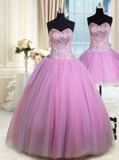 Affordable Three Piece Floor Length Lace Up Quinceanera Gowns Lilac and In for Military Ball and Sweet 16 and Quinceanera with Beading