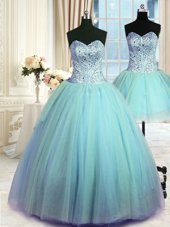 Deluxe Three Piece Floor Length Ball Gowns Sleeveless Blue Quince Ball Gowns Lace Up
