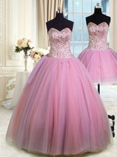 Three Piece Ball Gowns Quinceanera Dress Lavender Sweetheart Tulle Sleeveless Floor Length Lace Up