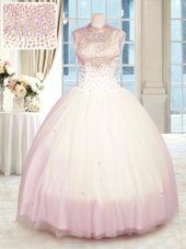Beauteous Baby Pink High-neck Neckline Beading Ball Gown Prom Dress Sleeveless Zipper