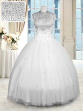 Super Sleeveless Tulle Floor Length Zipper 15 Quinceanera Dress in White for with Beading