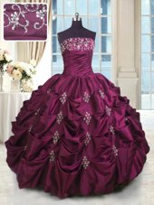Perfect Fuchsia Taffeta Lace Up 15 Quinceanera Dress Sleeveless Floor Length Beading and Appliques and Embroidery and Pick Ups