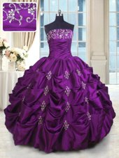 High Quality Eggplant Purple Ball Gowns Beading and Appliques and Embroidery and Pick Ups 15 Quinceanera Dress Lace Up Taffeta Sleeveless Floor Length