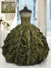 Delicate Olive Green Ball Gowns Taffeta Strapless Sleeveless Beading and Appliques and Embroidery and Pick Ups Floor Length Lace Up Vestidos de Quinceanera