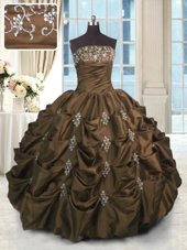 Beauteous Strapless Sleeveless Ball Gown Prom Dress Floor Length Beading and Appliques and Embroidery and Pick Ups Chocolate Taffeta