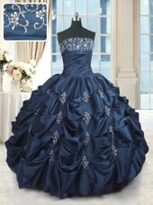 Navy Blue Taffeta Lace Up Strapless Sleeveless Floor Length Sweet 16 Quinceanera Dress Beading and Pick Ups