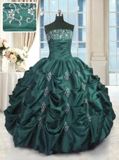 Sexy Pick Ups Ball Gowns Quince Ball Gowns Peacock Green Strapless Taffeta Sleeveless Floor Length Lace Up