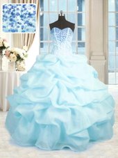 Best Organza Sweetheart Sleeveless Lace Up Beading and Ruffles Vestidos de Quinceanera in Baby Blue
