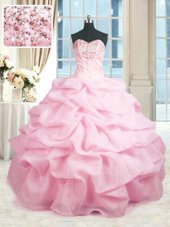 Sophisticated Organza Sweetheart Sleeveless Lace Up Beading and Ruffles Sweet 16 Quinceanera Dress in Pink