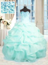 Ideal Aqua Blue Organza Lace Up Sweetheart Sleeveless Floor Length Sweet 16 Dress Beading and Ruffles