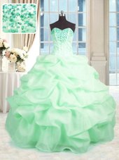 Graceful Apple Green Organza Lace Up 15th Birthday Dress Sleeveless Floor Length Beading and Ruffles