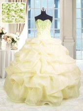 Light Yellow Sweetheart Neckline Beading and Ruffles Quinceanera Gowns Sleeveless Lace Up