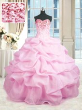 Inexpensive Floor Length Pink Sweet 16 Dress Organza Sleeveless Beading and Ruffles