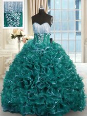 Flirting Turquoise Organza Lace Up Sweetheart Sleeveless With Train Quinceanera Dresses Brush Train Beading and Ruffles