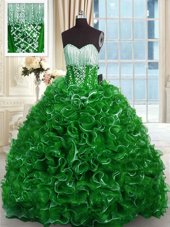 On Sale Green Lace Up 15th Birthday Dress Beading and Ruffles Sleeveless With Brush Train