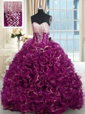 Fancy Beading and Ruffles Sweet 16 Dresses Fuchsia Lace Up Sleeveless With Brush Train