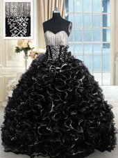 Pretty Black Sleeveless With Train Beading and Ruffles Lace Up Quinceanera Gowns
