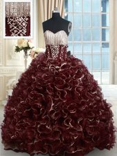 Clearance With Train Brown Sweet 16 Quinceanera Dress Organza Brush Train Sleeveless Beading and Ruffles