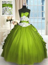 Popular Olive Green Sleeveless Floor Length Beading and Lace and Appliques and Ruching Lace Up Quinceanera Gowns