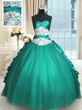 Pretty Turquoise Quinceanera Gown Military Ball and Sweet 16 and Quinceanera and For with Beading and Lace and Appliques and Ruching Sweetheart Sleeveless Lace Up