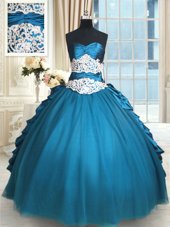 Extravagant Taffeta and Tulle Sweetheart Sleeveless Lace Up Beading and Lace and Appliques and Ruching 15th Birthday Dress in Teal