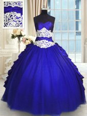 Beading and Lace and Appliques and Ruching and Pick Ups Quince Ball Gowns Royal Blue Lace Up Sleeveless Floor Length
