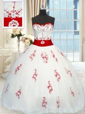 Sexy White Quinceanera Gown Military Ball and Sweet 16 and Quinceanera and For with Appliques and Belt Sweetheart Sleeveless Lace Up