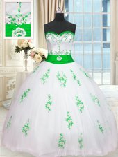 Sexy White Sleeveless Floor Length Appliques and Belt Lace Up Quinceanera Dresses