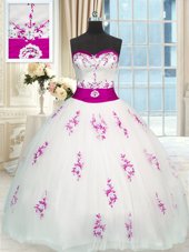 Modest White Lace Up Sweetheart Appliques and Belt Quince Ball Gowns Tulle Sleeveless