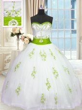 Luxury Sweetheart Sleeveless Quince Ball Gowns Floor Length Appliques and Belt White Tulle