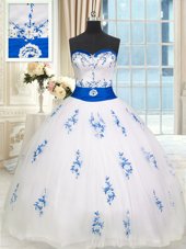 Fancy Floor Length Lace Up 15 Quinceanera Dress White and In for Military Ball and Sweet 16 and Quinceanera with Appliques and Belt