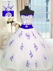 Sumptuous Tulle Sweetheart Sleeveless Lace Up Embroidery and Belt Quince Ball Gowns in White