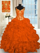 Fashion Orange Lace Up Spaghetti Straps Beading and Ruffles Quinceanera Dresses Organza Sleeveless Brush Train