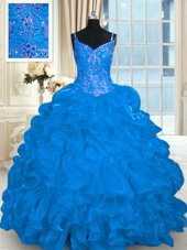 Stylish Blue Ball Gowns Spaghetti Straps Sleeveless Organza Brush Train Lace Up Beading and Embroidery and Ruffles and Pick Ups Quinceanera Dress
