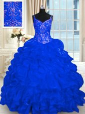Simple Royal Blue 15th Birthday Dress Military Ball and Sweet 16 and Quinceanera and For with Beading and Embroidery and Ruffles and Pick Ups Spaghetti Straps Sleeveless Brush Train Lace Up