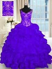Custom Fit Purple Lace Up Sweet 16 Quinceanera Dress Beading and Embroidery and Ruffles and Pick Ups Sleeveless Brush Train
