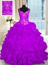 Amazing Sleeveless Brush Train Lace Up Beading and Embroidery and Ruffles 15th Birthday Dress